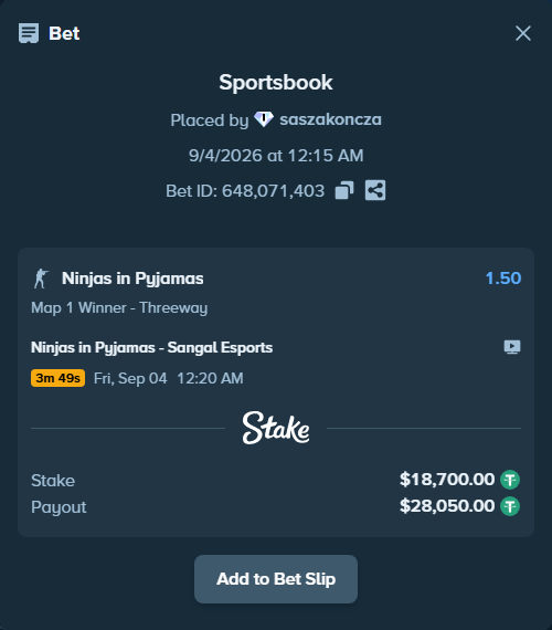 Bet slip: Ninjas in Pyjamas - Sangal Esports, $18,700.00 stake at 1.50 odds, placed by saszakoncza