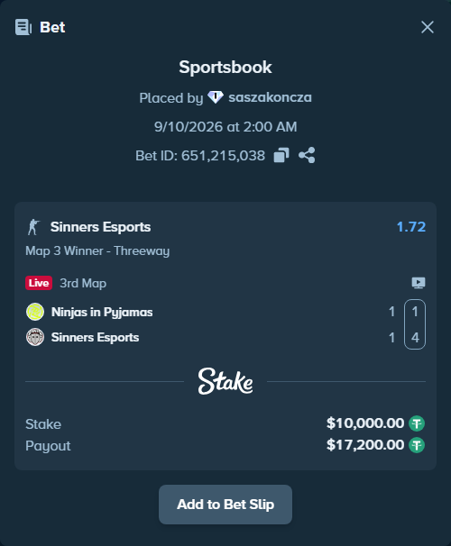 Bet slip: Ninjas in Pyjamas - Sinners Esports, $10,000.00 stake at 1.72 odds, placed by saszakoncza