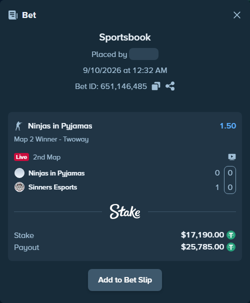 Bet slip: Ninjas in Pyjamas - Sinners Esports, $17,190.00 stake at 1.50 odds, placed by RyazheniyPetuh