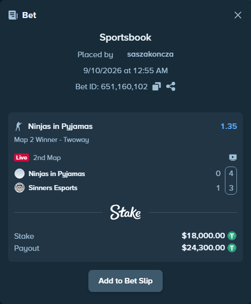 Bet slip: Ninjas in Pyjamas - Sinners Esports, $18,000.00 stake at 1.35 odds, placed by saszakoncza