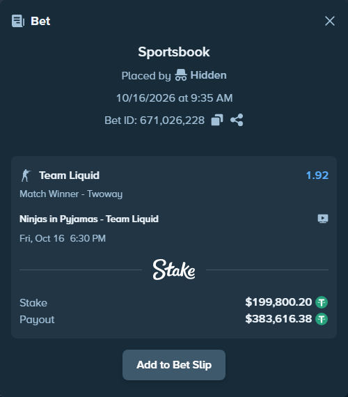 Bet slip: Ninjas in Pyjamas - Team Liquid, $200,000.00 stake at 1.92 odds, placed by Mnt41