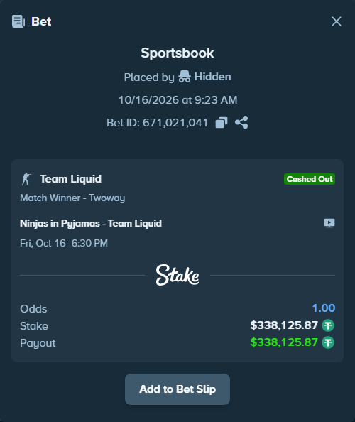 Bet slip: Ninjas in Pyjamas - Team Liquid, $338,464.00 stake at 2.00 odds, placed by Mnt41