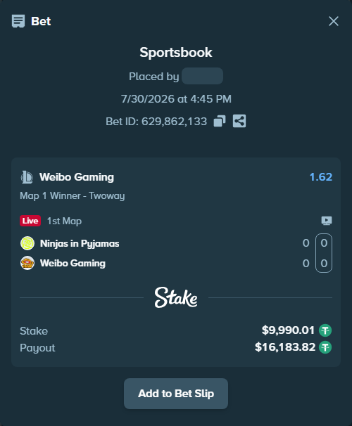 Bet slip: Ninjas in Pyjamas - Weibo  Gaming, $10,000.00 stake at 1.62 odds, placed by wills2026