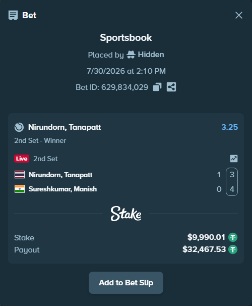 Bet slip: Nirundorn, Tanapatt - Sureshkumar, Manish, $10,000.00 stake at 3.25 odds, placed by Hidden