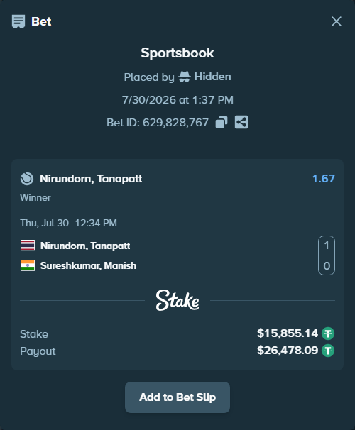 Bet slip: Nirundorn, Tanapatt - Sureshkumar, Manish, $15,871.00 stake at 1.67 odds, placed by Hidden