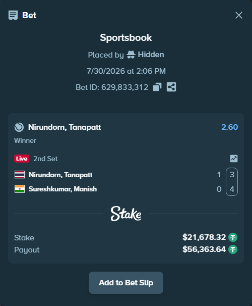 Bet slip: Nirundorn, Tanapatt - Sureshkumar, Manish, $21,700.00 stake at 2.60 odds, placed by Hidden