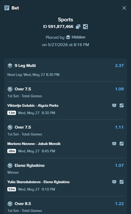 Bet slip: Nishesh Basavareddy - Alex Michelsen, $175,000.00 stake at 1.08 odds, placed by Hidden