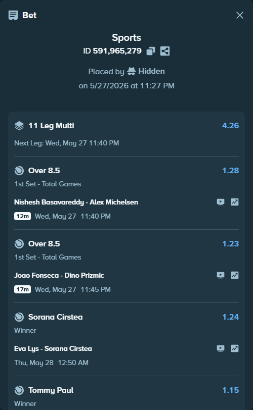 Bet slip: Nishesh Basavareddy - Alex Michelsen, $48,811.25 stake at 1.28 odds, placed by Hidden