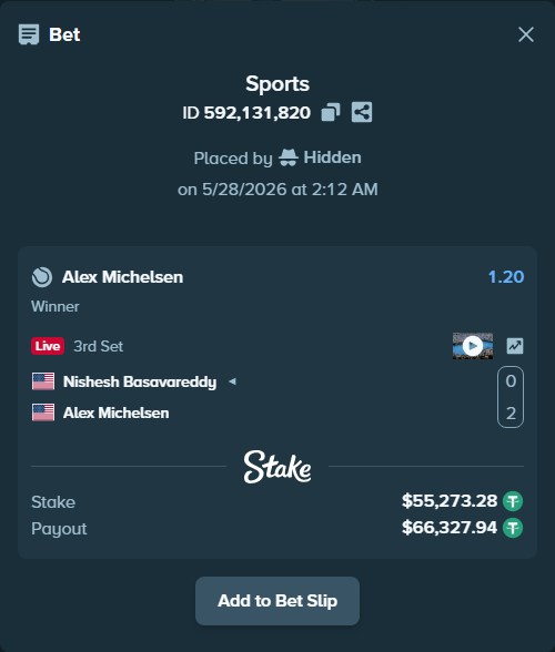 Bet slip: Nishesh Basavareddy - Alex Michelsen, $55,328.56 stake at 1.20 odds, placed by Hidden