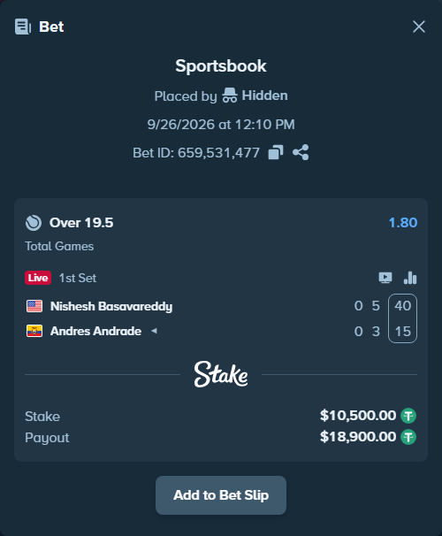 Bet slip: Nishesh Basavareddy - Andres Andrade, $10,500.00 stake at 1.80 odds, placed by Hidden