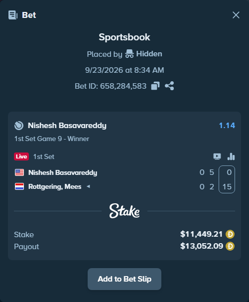 Bet slip: Nishesh Basavareddy - Rottgering, Mees, $11,542.41 stake at 1.14 odds, placed by Hidden