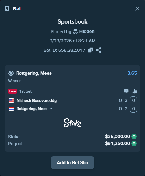 Bet slip: Nishesh Basavareddy - Rottgering, Mees, $25,000.00 stake at 3.65 odds, placed by Hidden