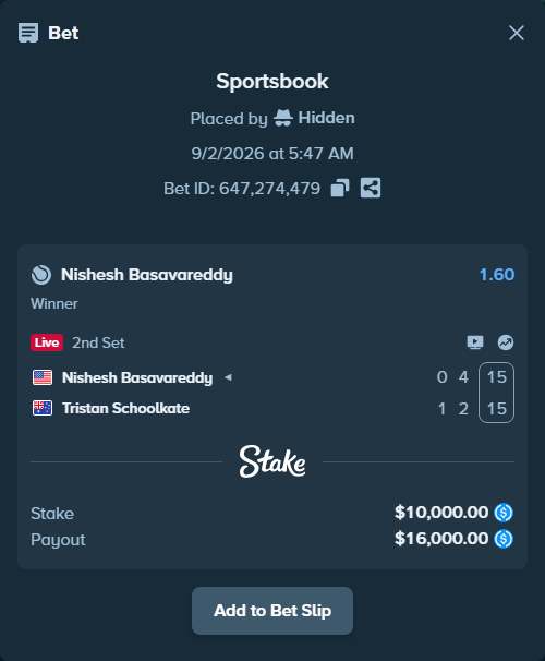 Bet slip: Nishesh Basavareddy - Tristan Schoolkate, $10,000.00 stake at 1.60 odds, placed by Hidden