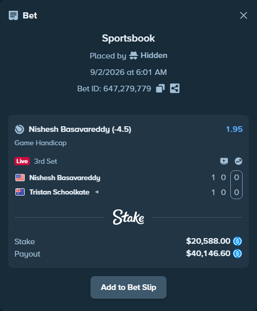 Bet slip: Nishesh Basavareddy - Tristan Schoolkate, $20,588.00 stake at 1.95 odds, placed by Hidden