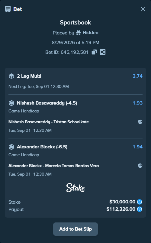 Bet slip: Nishesh Basavareddy - Tristan Schoolkate, $30,000.00 stake at 1.93 odds, placed by Hidden
