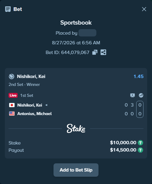 Bet slip: Nishikori, Kei - Antonius, Michael, $10,000.00 stake at 1.45 odds, placed by Jason8765