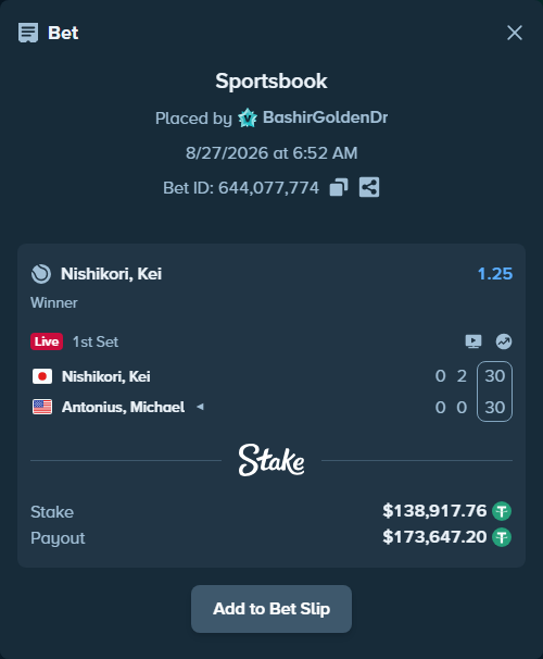Bet slip: Nishikori, Kei - Antonius, Michael, $138,917.76 stake at 1.25 odds, placed by BashirGoldenDr