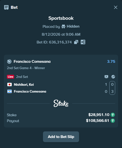 Bet slip: Nishikori, Kei - Francisco Comesana, $28,980.05 stake at 3.75 odds, placed by Hidden