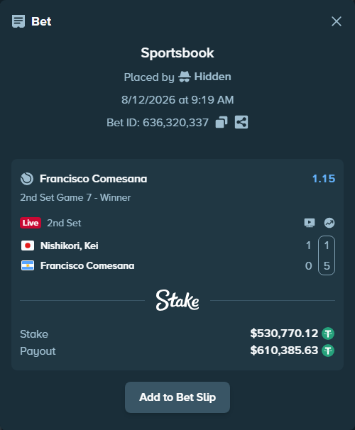 Bet slip: Nishikori, Kei - Francisco Comesana, $531,300.89 stake at 1.15 odds, placed by Hidden