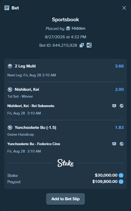 Bet slip: Nishikori, Kei - Rei Sakamoto, $30,000.00 stake at 2.00 odds, placed by Hidden
