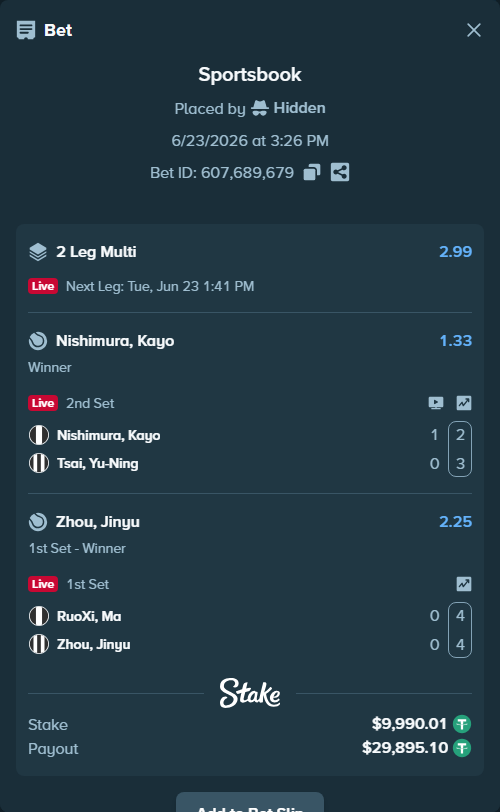 Bet slip: Nishimura, Kayo - Tsai, Yu-Ning, $10,000.00 stake at 1.33 odds, placed by Hidden