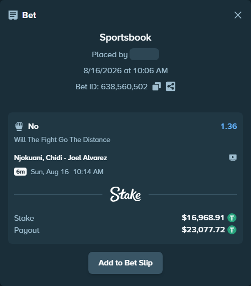 Bet slip: Njokuani, Chidi - Joel Alvarez, $16,985.88 stake at 1.36 odds, placed by Davidbushel1