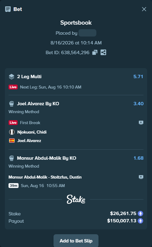 Bet slip: Njokuani, Chidi - Joel Alvarez, $26,214.79 stake at 3.40 odds, placed by Cabrzy