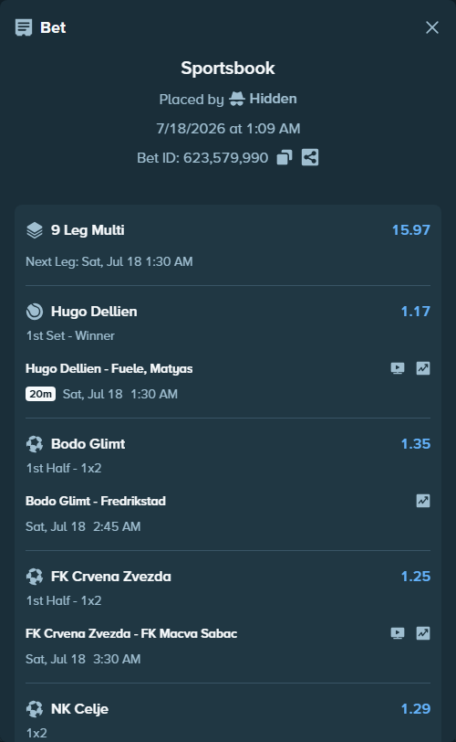 Bet slip: NK Celje - Mura Murska Sobota, $10,060.05 stake at 1.29 odds, placed by Hidden