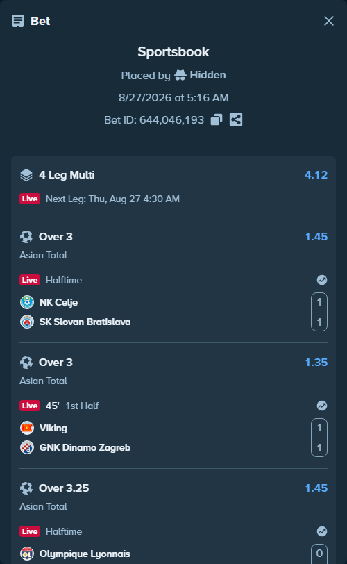 Bet slip: NK Celje - SK Slovan Bratislava, $100,000.92 stake at 1.45 odds, placed by Hidden