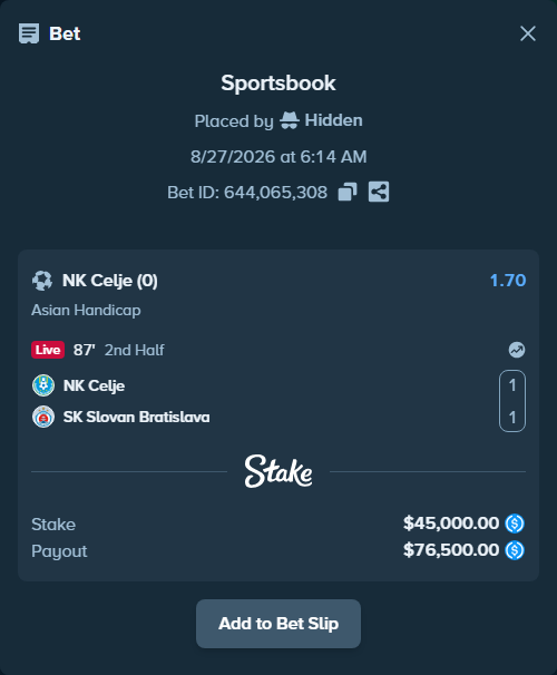 Bet slip: NK Celje - SK Slovan Bratislava, $45,000.00 stake at 1.70 odds, placed by Hidden
