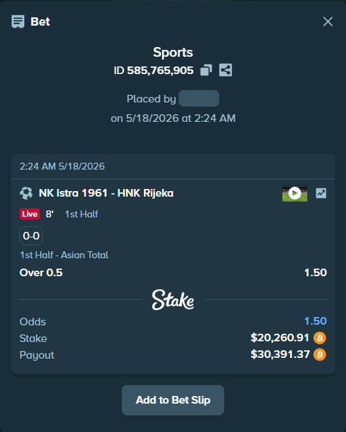 Bet slip: NK Istra 1961 - HNK Rijeka, $16,646.23 stake at 1.50 odds, placed by ninafreak