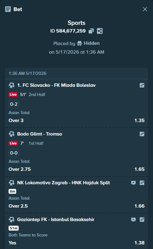 Bet slip: NK Lokomotiva Zagreb - HNK Hajduk Split, $20,020.00 stake at 1.66 odds, placed by Hidden