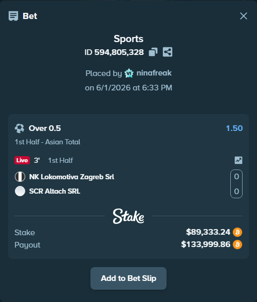 Bet slip: NK Lokomotiva Zagreb Srl - SCR Altach SRL, $79,018.60 stake at 1.50 odds, placed by ninafreak