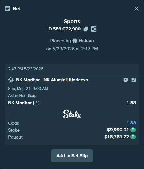 Bet slip: NK Maribor - Aluminij Kidricevo, $10,000.00 stake at 1.88 odds, placed by Hidden