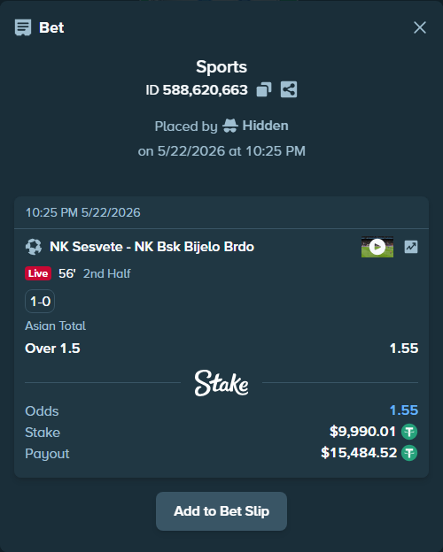Bet slip: NK Sesvete - NK BSK Bijelo Brdo, $10,000.00 stake at 1.55 odds, placed by Hidden