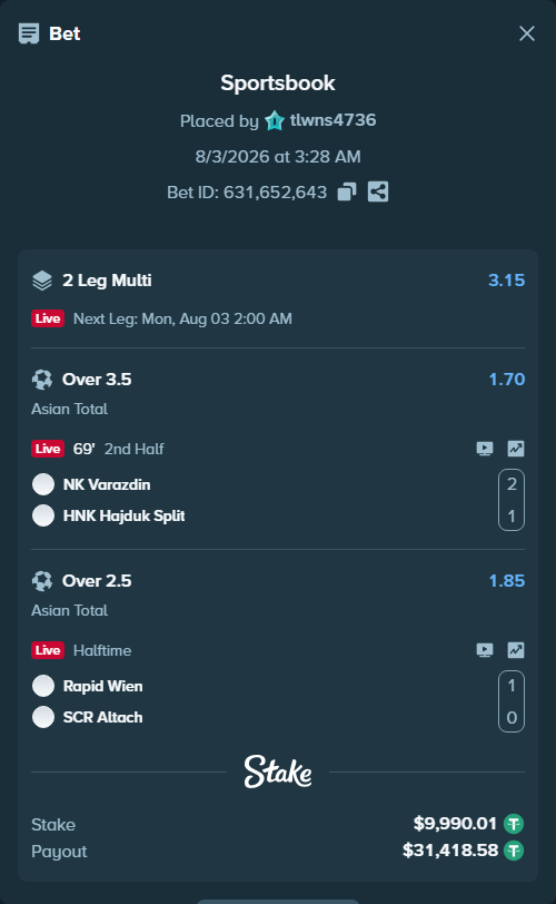 Bet slip: NK Varazdin - HNK Hajduk Split, $10,000.00 stake at 1.70 odds, placed by tlwns4736