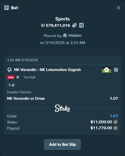 Bet slip: NK Varazdin - NK Lokomotiva Zagreb, $8,929.64 stake at 1.07 odds, placed by Hidden
