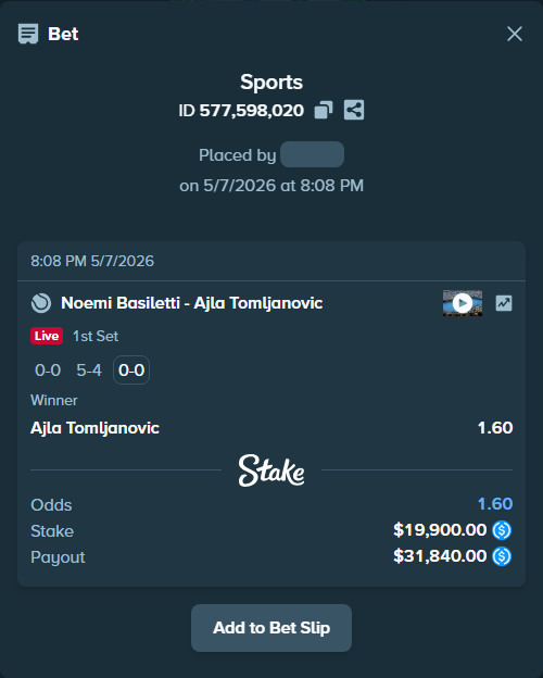 Bet slip: Noemi Basiletti - Ajla Tomljanovic, $19,900.00 stake at 1.60 odds, placed by TheEarlinGrey