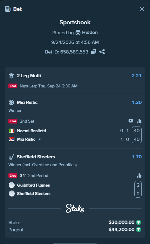 Bet slip: Noemi Basiletti - Mia Ristic, $20,000.00 stake at 1.30 odds, placed by Hidden