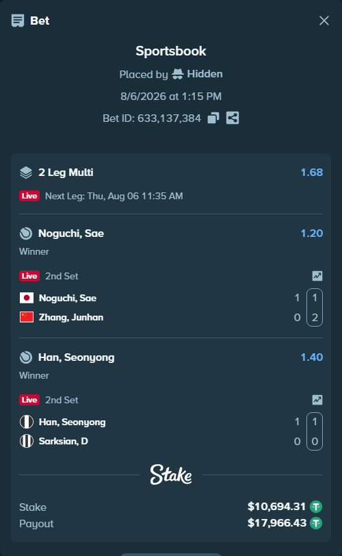 Bet slip: Noguchi, Sae - Zhang, Junhan, $10,705.00 stake at 1.20 odds, placed by Hidden