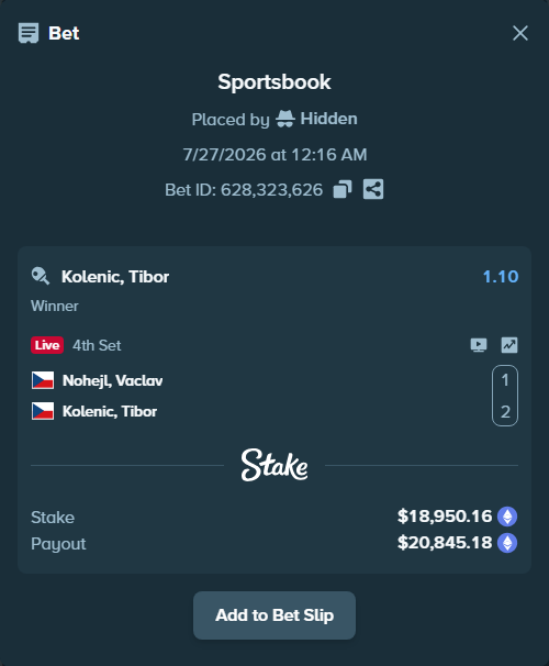 Bet slip: Nohejl, Vaclav (1975) - Kolenic, Tibor, $19,024.90 stake at 1.10 odds, placed by Hidden