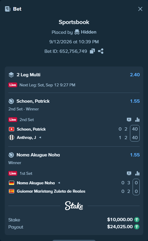 Bet slip: Noma Akugue Noha - Guiomar Maristany Zuleta de Reales, $10,000.00 stake at 1.55 odds, placed by Hidden