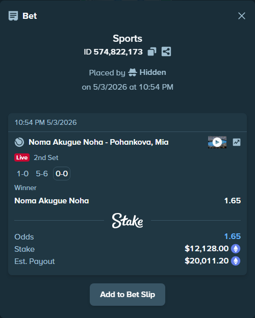 Bet slip: Noma Akugue Noha - Pohankova, Mia, $9,045.10 stake at 1.65 odds, placed by Hidden