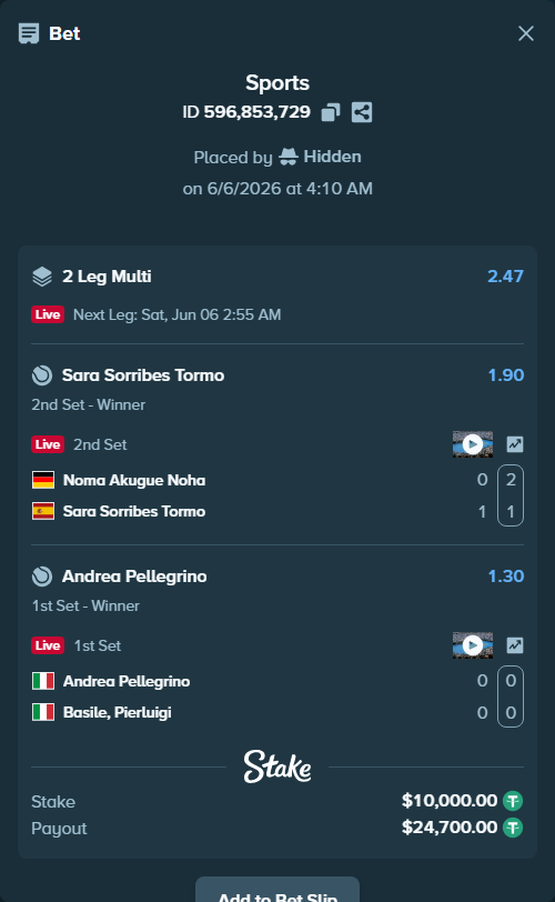 Bet slip: Noma Akugue Noha - Sara Sorribes Tormo, $10,000.00 stake at 1.90 odds, placed by Hidden
