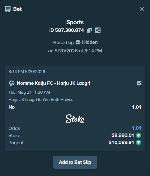 Bet slip: Nomme Kalju FC - Harju JK Laagri, $10,000.00 stake at 1.01 odds, placed by Hidden