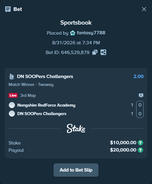 Bet slip: Nongshim Esports Academy - DN SOOPers Challengers, $10,000.00 stake at 2.00 odds, placed by fantasy7788