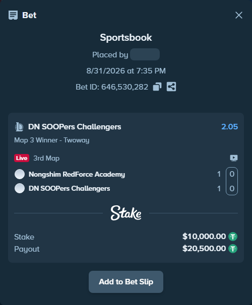 Bet slip: Nongshim Esports Academy - DN SOOPers Challengers, $10,000.00 stake at 2.05 odds, placed by fantasy7788