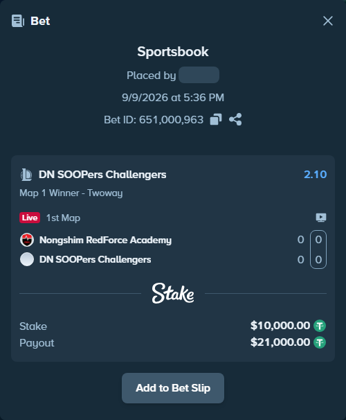 Bet slip: Nongshim Esports Academy - DN SOOPers Challengers, $10,000.00 stake at 2.10 odds, placed by fantasy7788