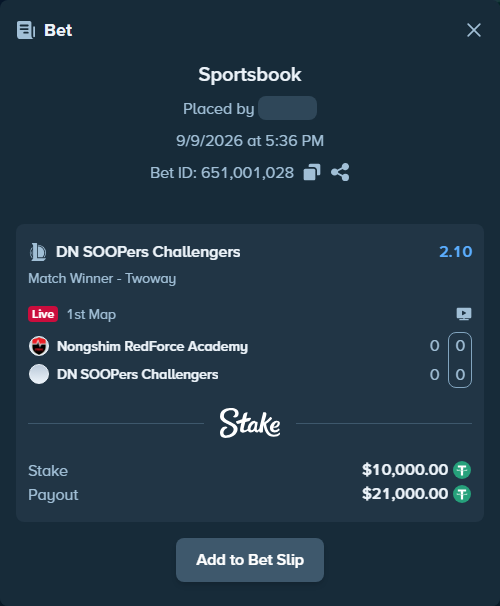 Bet slip: Nongshim Esports Academy - DN SOOPers Challengers, $10,000.00 stake at 2.10 odds, placed by fantasy7788