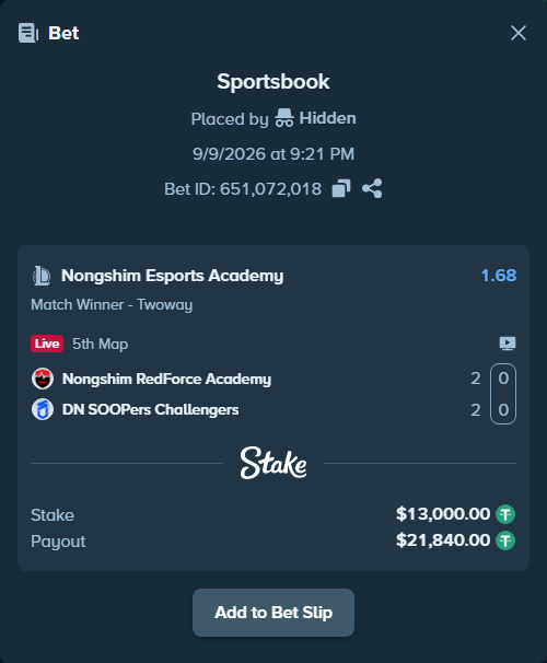 Bet slip: Nongshim Esports Academy - DN SOOPers Challengers, $13,000.00 stake at 1.68 odds, placed by Hidden